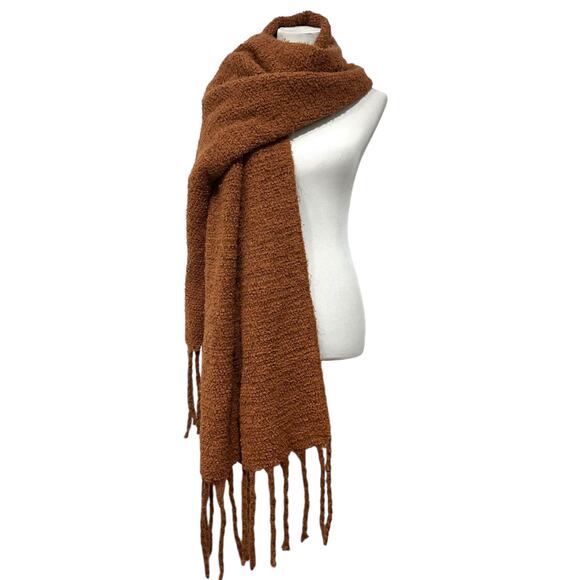 Free People Womens Oversized Fuzzy Boucle Wrap Scarf Fringe Brown 17”x 80” - Picture 1 of 8